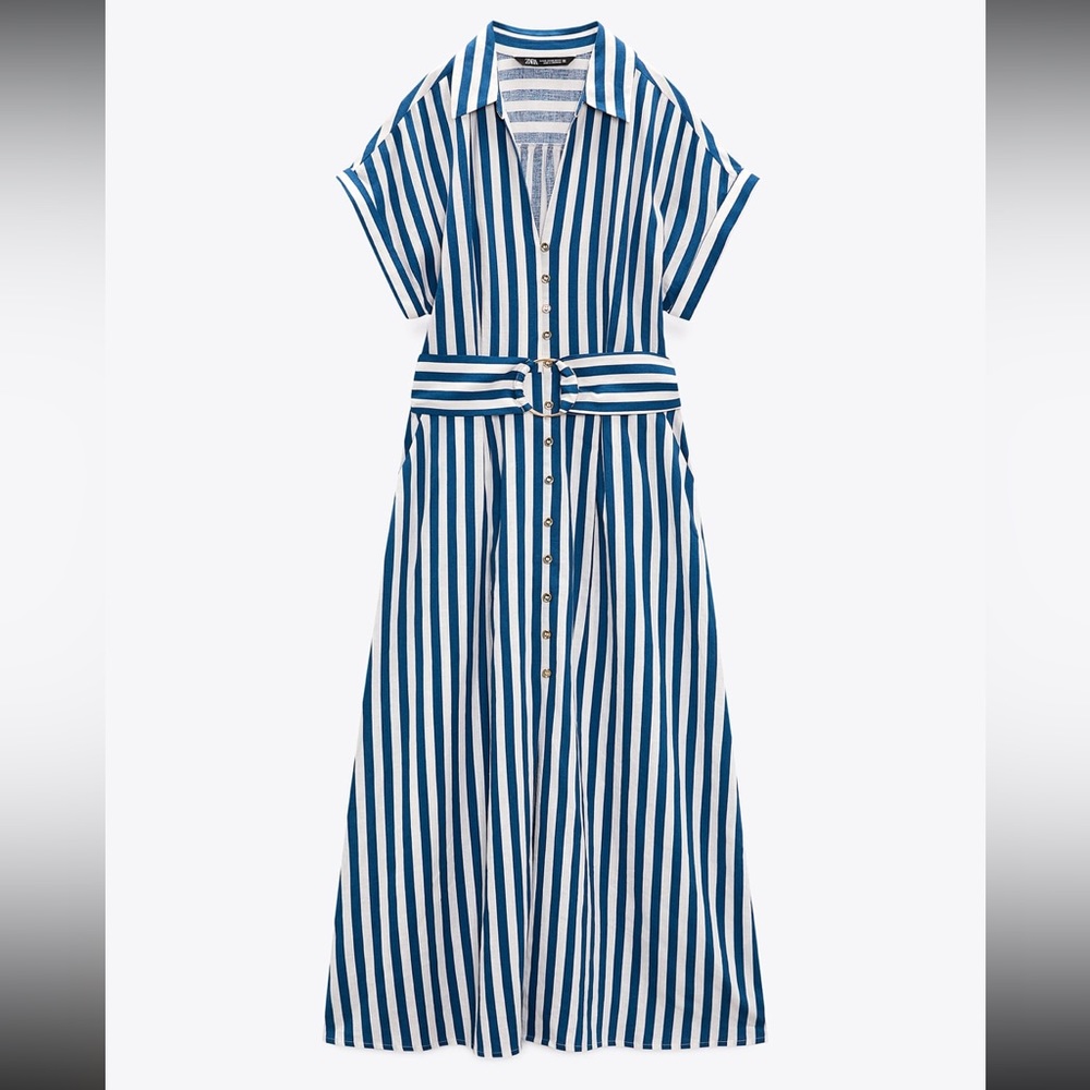 Zara limited edition linen with cotton blend buttoned midi dress with belt - Picture 6 of 10